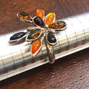 Sterling Silver  Ring with Multi Amber Stones